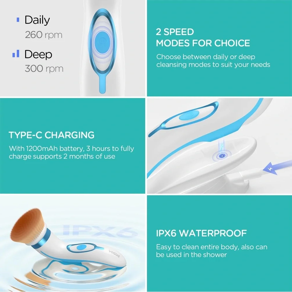 Facial Cleansing Brush-Spin Face Scrubber Exfoliator Rechargeable, 2-Speeds